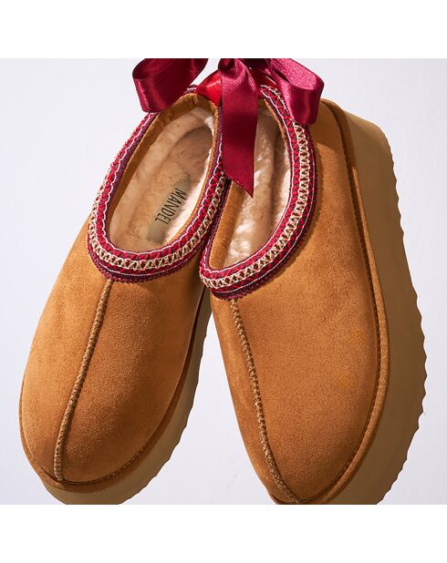 Chaussons en Cuir Nubuck fourrés Ria cognac