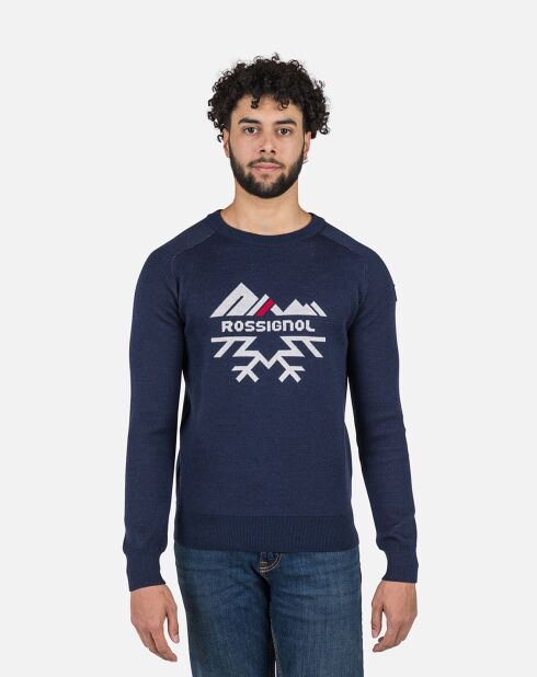 Pull 100% Laine Mérinos Col Ras du Cou Jacquard bleu marine