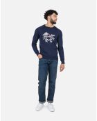 Pull 100% Laine Mérinos Col Ras du Cou Jacquard bleu marine