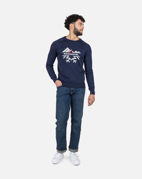 Pull 100% Laine Mérinos Col Ras du Cou Jacquard bleu marine