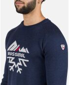 Pull 100% Laine Mérinos Col Ras du Cou Jacquard bleu marine