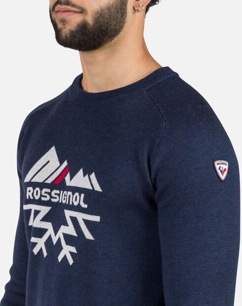 Pull 100% Laine Mérinos Col Ras du Cou Jacquard bleu marine