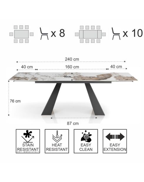 Table Extensible Hut 2 gris - 76x90x160/200/240 cm