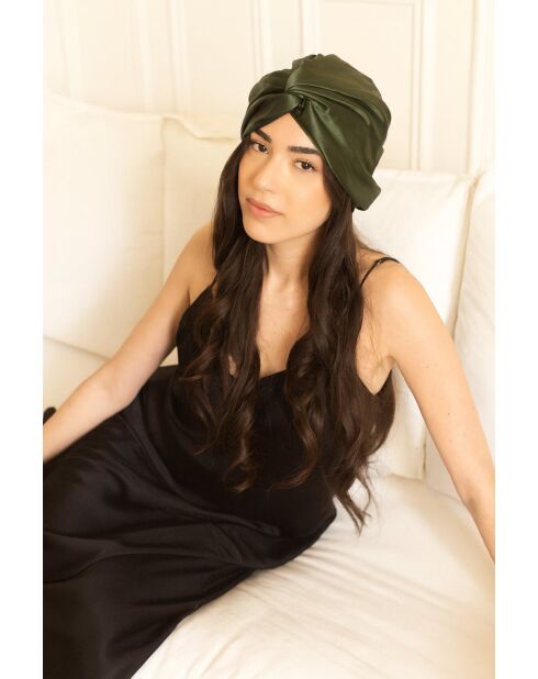 Bonnet de nuit 100% Soie avec lacet réglable vert kaki