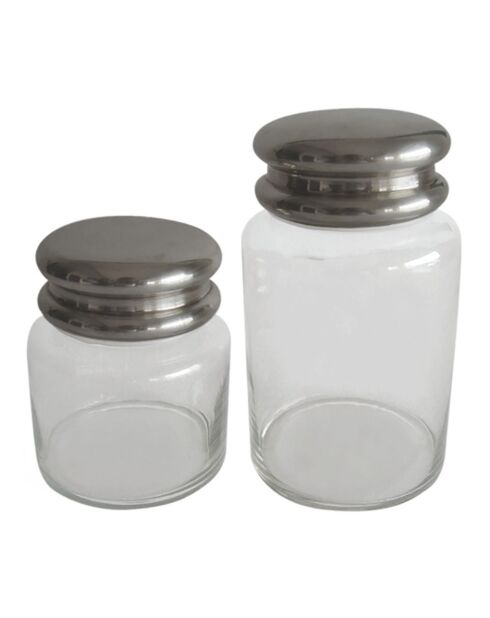 Lot de 2 pots en verre avec couvercle argenté