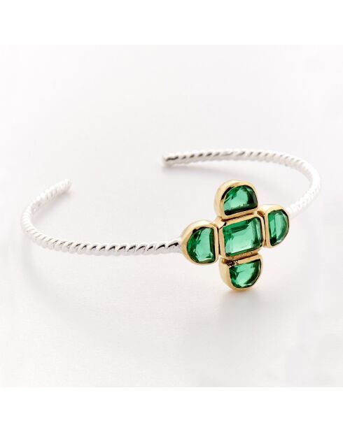 Brazalete de plata y latón con pantalla de cristal tintado verde