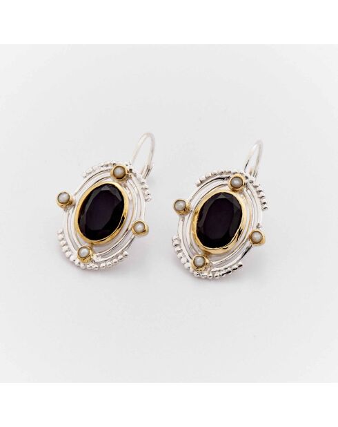 Boucles d'Oreilles Argent et Laiton Levone Onyx Noir et Perle Blanche Synthétique