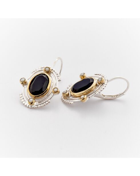Boucles d'Oreilles Argent et Laiton Levone Onyx Noir et Perle Blanche Synthétique