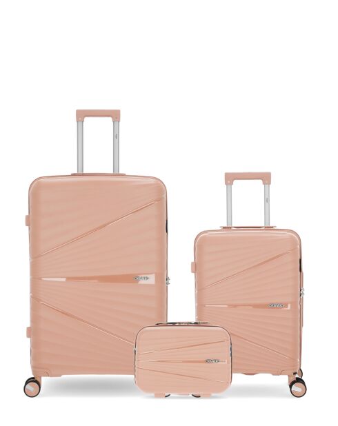 Lot De 3 Valises Rigides Grand Format, Cabine Et Grand Vanity Vela Rose Clair