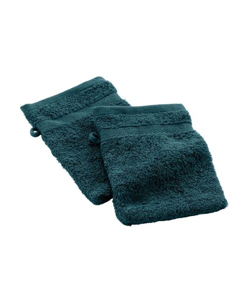 2 Gants de Toilette (15 x 21 cm) Elegance Bleu Vert, 100 % Coton Uni