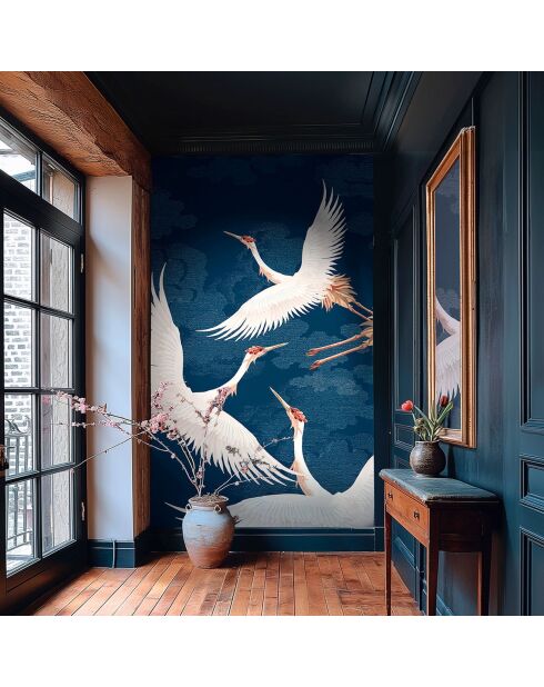 Fresque L'envol du héron Plume Ivoire Fond Bleu nuit - 150x305 cm