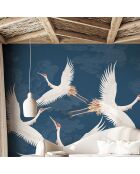 Fresque L'envol du héron Plume Ivoire Fond Bleu nuit - 150x305 cm