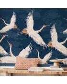 Fresque L'envol du héron Plume Ivoire Fond Bleu nuit - 150x305 cm