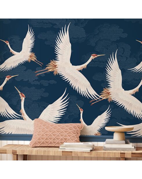 Fresque L'envol du héron Plume Ivoire Fond Bleu nuit - 150x305 cm