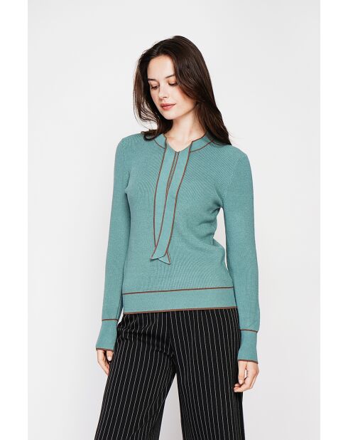 Pull en Cachemire mélangé col V à noeud turquoise