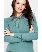 Pull en Cachemire mélangé col V à noeud turquoise