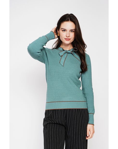 Pull en Cachemire mélangé col V à noeud turquoise