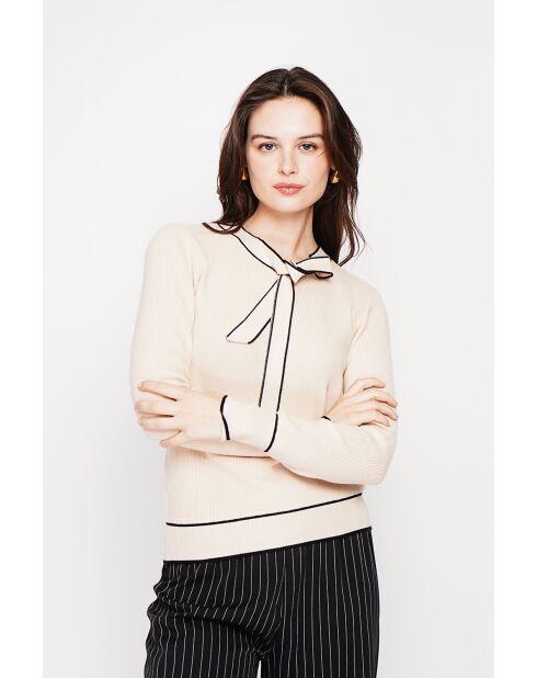 Pull en Cachemire mélangé col V à noeud crème