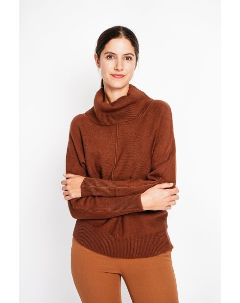 Pull col boule marron