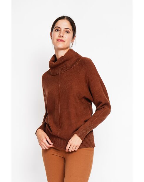 Pull col boule marron