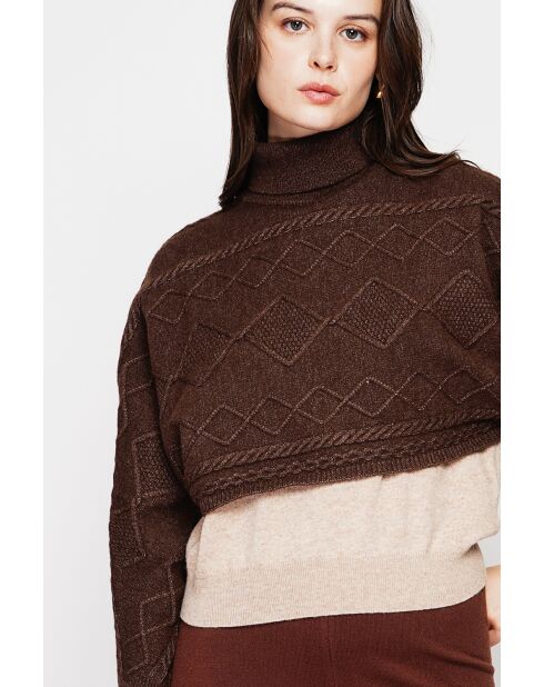 Poncho court col roulé café