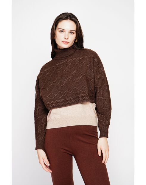 Poncho court col roulé café