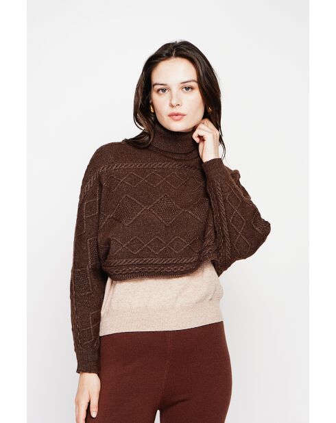 Poncho court col roulé café