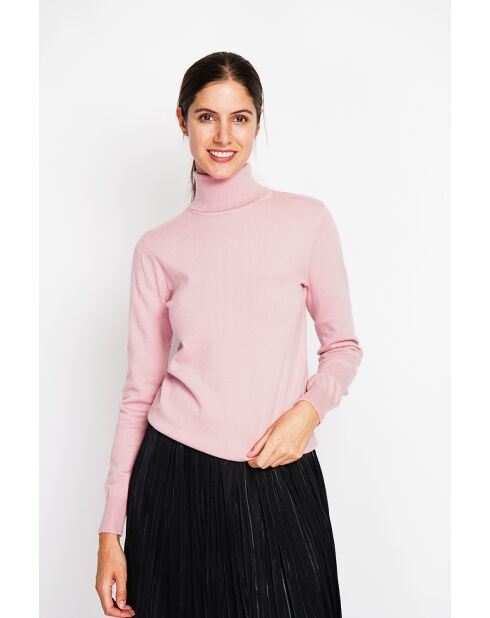 Pull col roulé classique rose poudre