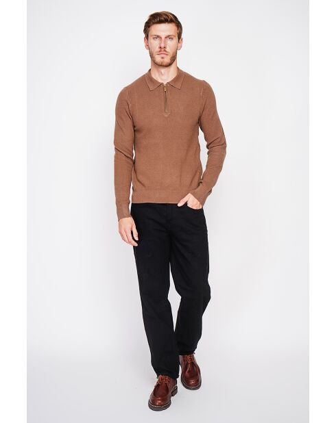 Pull polo demi zippé marron