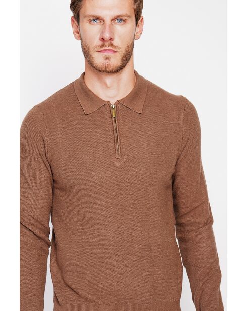 Pull polo demi zippé marron