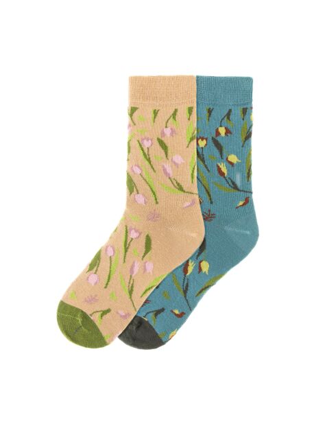 2 paires de chaussettes en coton beige/bleu
