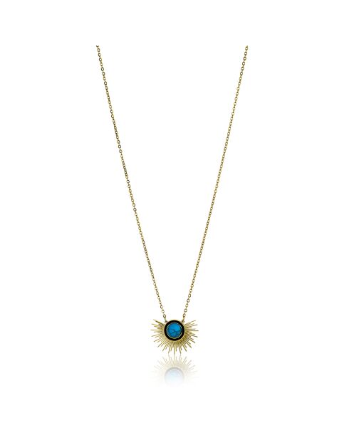 Freya halsketting in geelverguld staal, turkoois en goud/lichtblauw/zwart kristal