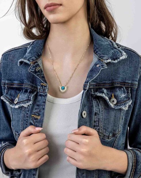 Freya halsketting in geelverguld staal, turkoois en goud/lichtblauw/zwart kristal