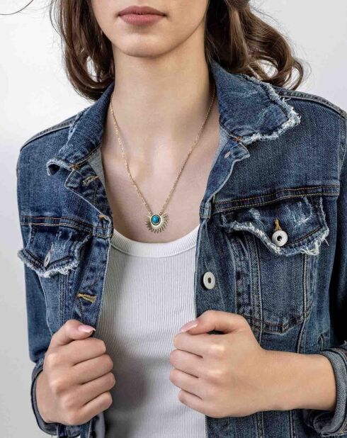 Freya halsketting in geelverguld staal, turkoois en goud/lichtblauw/zwart kristal