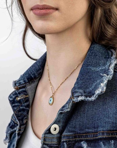 Geel verguld staal en goud/lichtblauwe geëmailleerde magnoliaketting