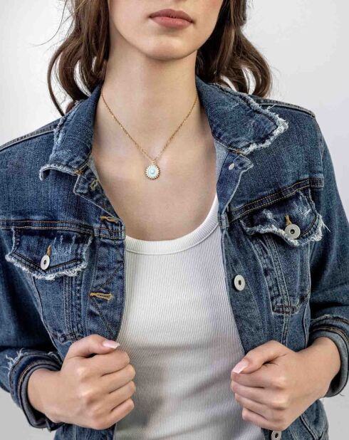 Geel verguld staal en goud/lichtblauwe geëmailleerde magnoliaketting