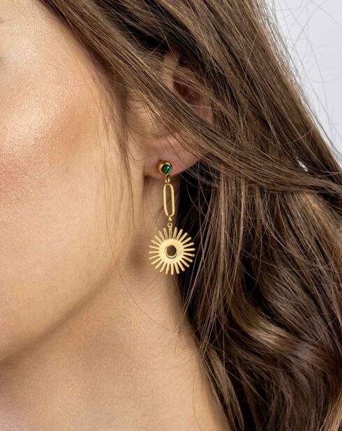 Bailey oorbellen in geelverguld staal en goud/groen synthetisch malachiet