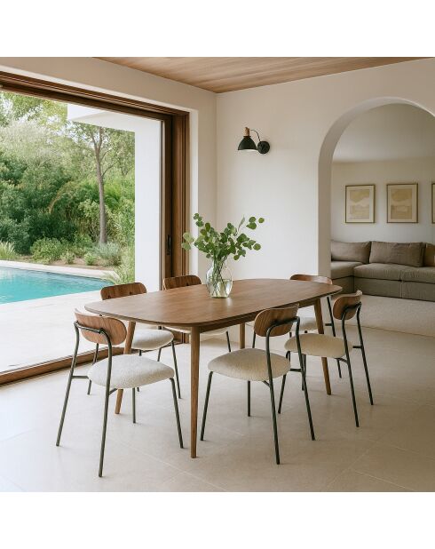 Ensembre Table Effet Bois Couleur Noyer + 6 Chaises Tissu Écru Callao