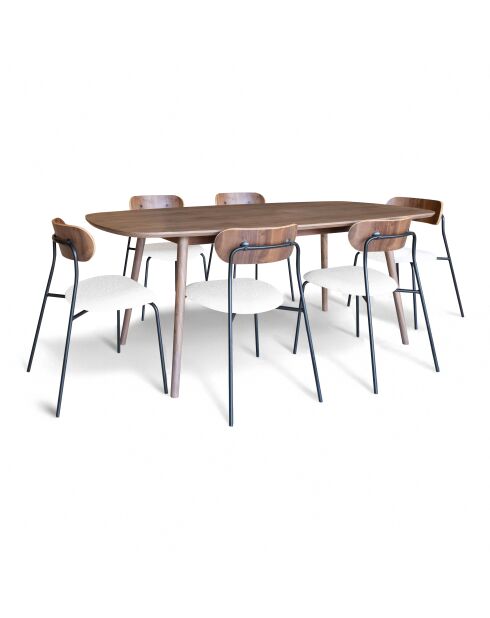 Ensembre Table Effet Bois Couleur Noyer + 6 Chaises Tissu Écru Callao