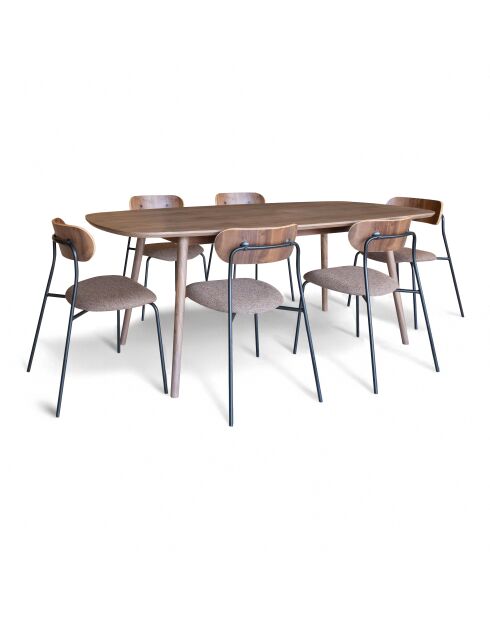 Ensemble Table 200C Effet Bois Couleur Noyer + 6 Chaises Tissu Chataigne Callao