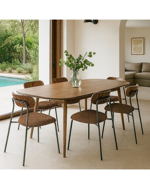 Ensemble Table 200C Effet Bois Couleur Noyer + 6 Chaises Tissu Chataigne Callao