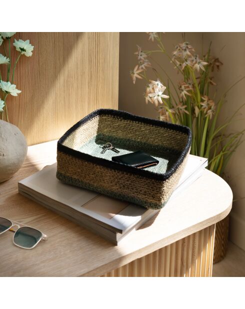 Panier Carré  20X20Cm En Jonc De Mer Naturel Et Vert Dune