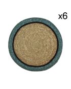 6 placemats van natuurlijk zeegras en irisblauw zeegras D38cm