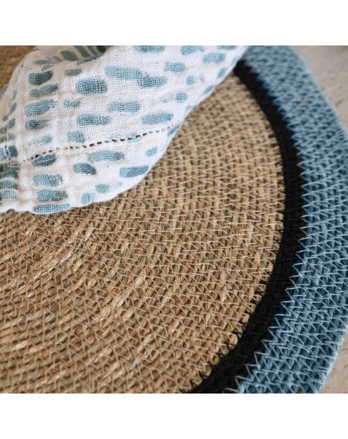 6 Sets De Table D38Cm En Jonc De Mer Naturel Et Bleu Iris