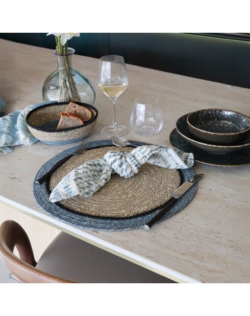 6 Sets De Table D38Cm En Jonc De Mer Naturel Et Bleu Iris