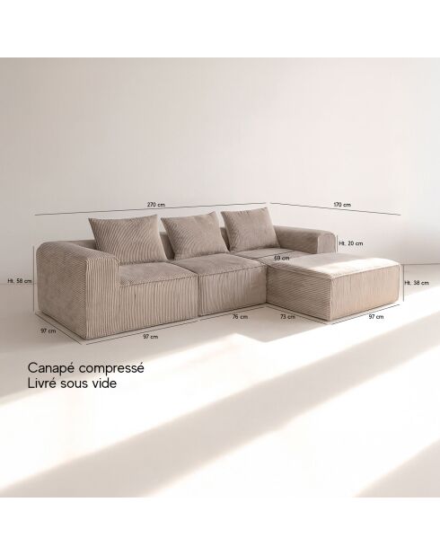 Canapé D'Angle Compressé En Velours Côtelé Taupe 270X170X58Cm Cocoon