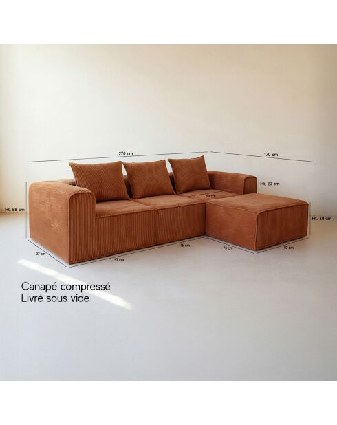 Canapé D'Angle Compressé En Velours Côtelé Brique 270X170X58Cm Cocoon