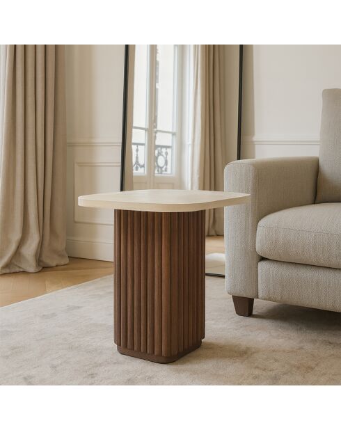 Mesa auxiliar cuadrada con efecto travertino natural/nogal, 40 x 40 x 40 cm, Esther