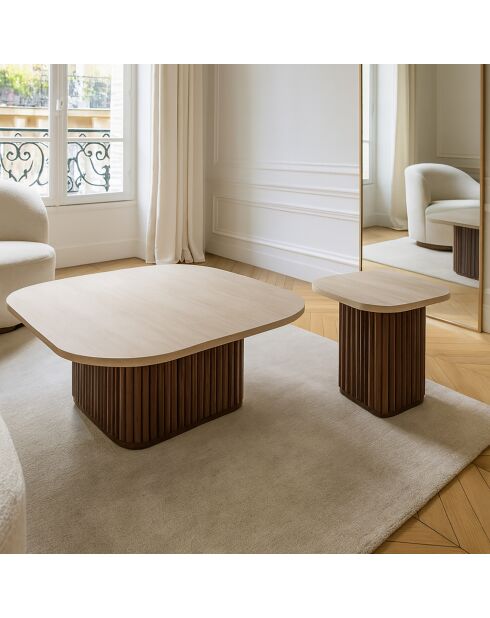 Mesa auxiliar cuadrada con efecto travertino natural/nogal, 40 x 40 x 40 cm, Esther