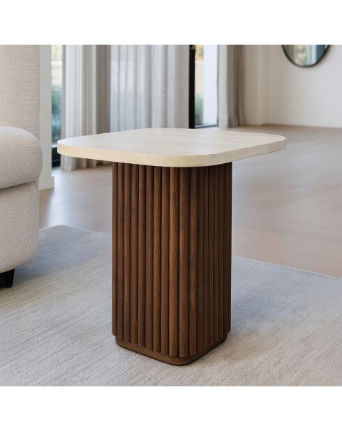 Mesa auxiliar cuadrada con efecto travertino natural/nogal, 40 x 40 x 40 cm, Esther